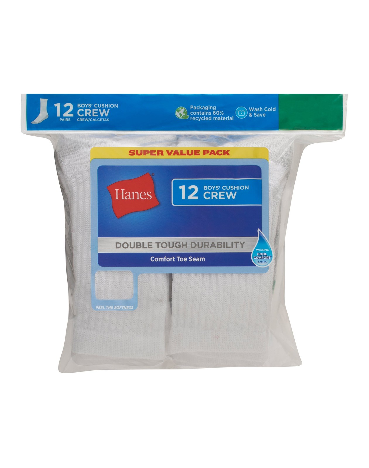 Hanes Boys Crew Socks 12-Pack Cushioned Durable Reinforced Heel Toe Black White