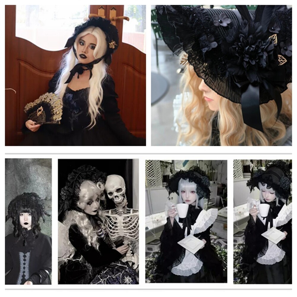 Victorian Hats for Women Gothic Lolita Black Bonnet Hat with Florals for Parties
