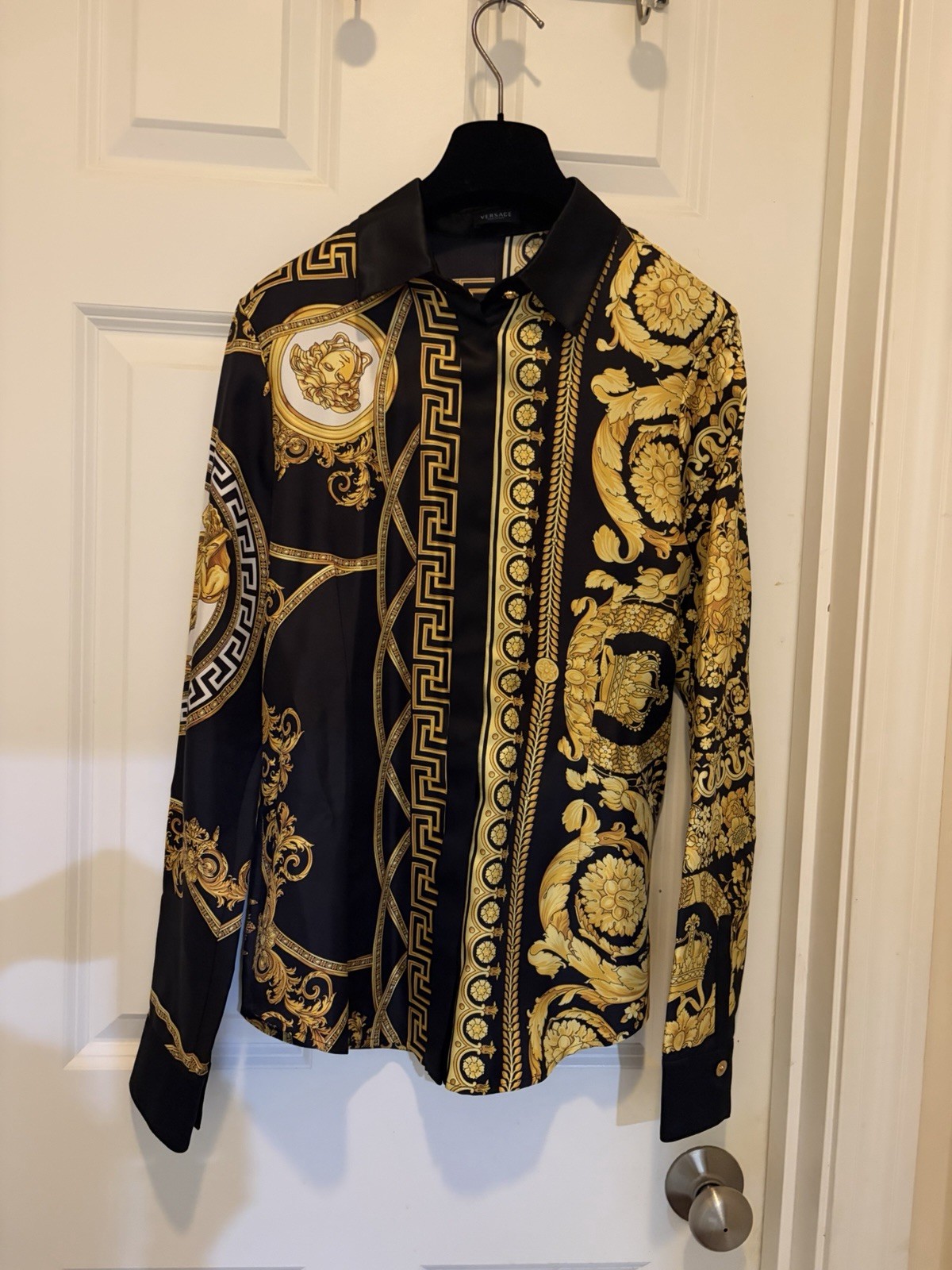 Versace La Coupe Des Dieux Silk Baroque Dress Shirt Black/Gold Womens 40