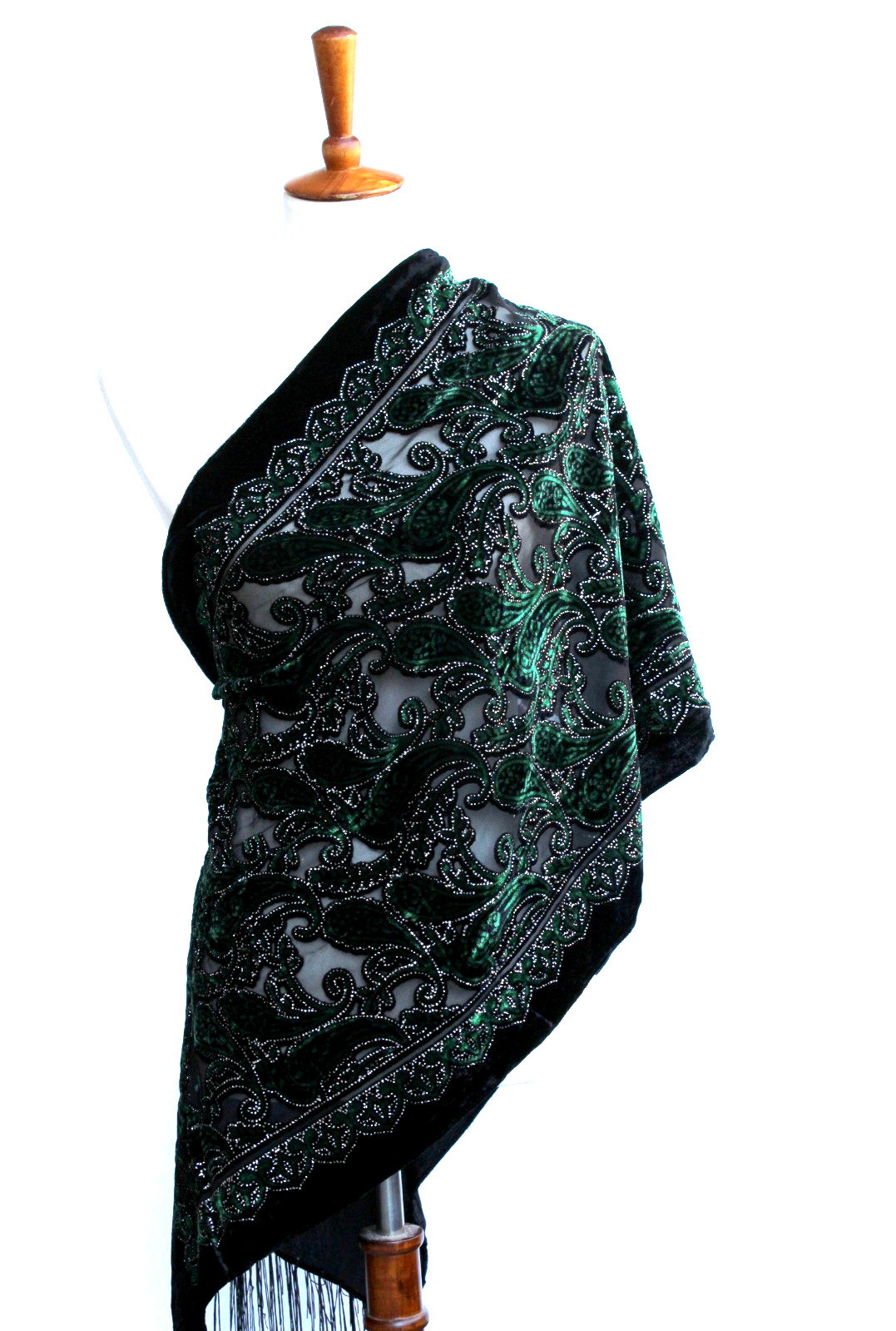 Elegant Black & Emerald Green Color Flower Silk Burnout Velvet Shawl Scarf Wrap