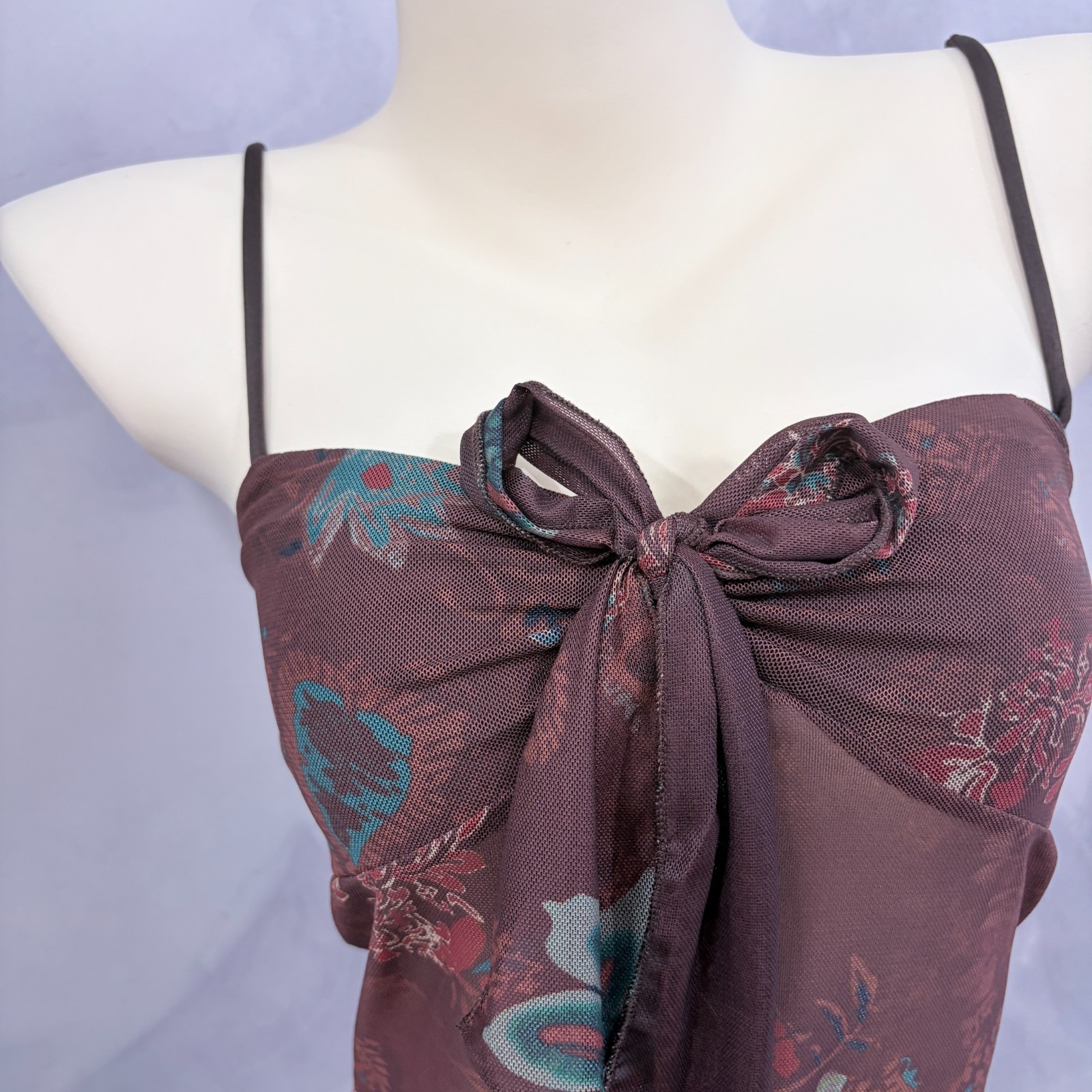 Vintage Floral Mesh Tie Front Cami Top