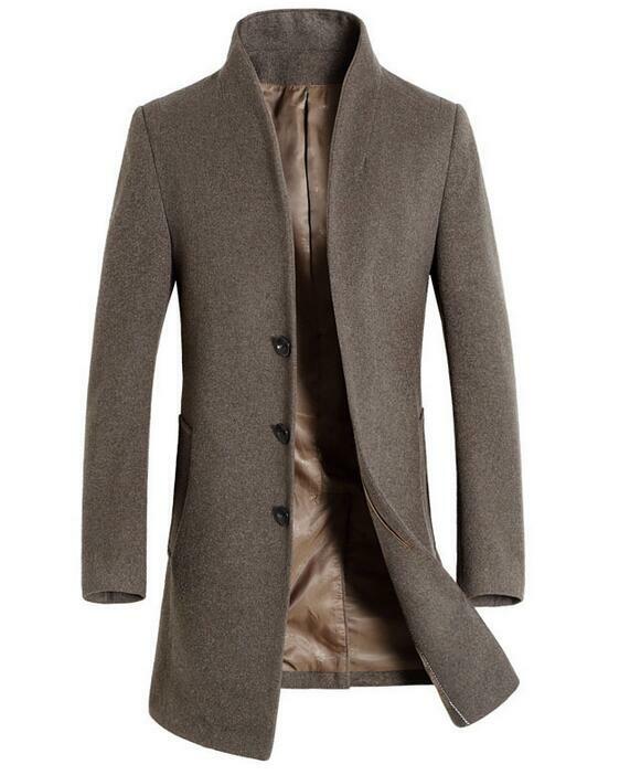 Men’s Wool Blend Mid Length Jacket Formal Stand Collar Slim Trench Coat Oversize