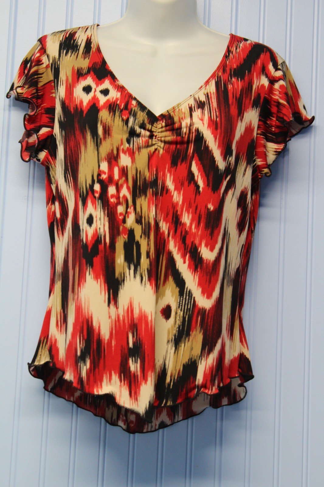 Stephen and Casey red print stretch ruched v neck cap sleeve pullover top PL NWT