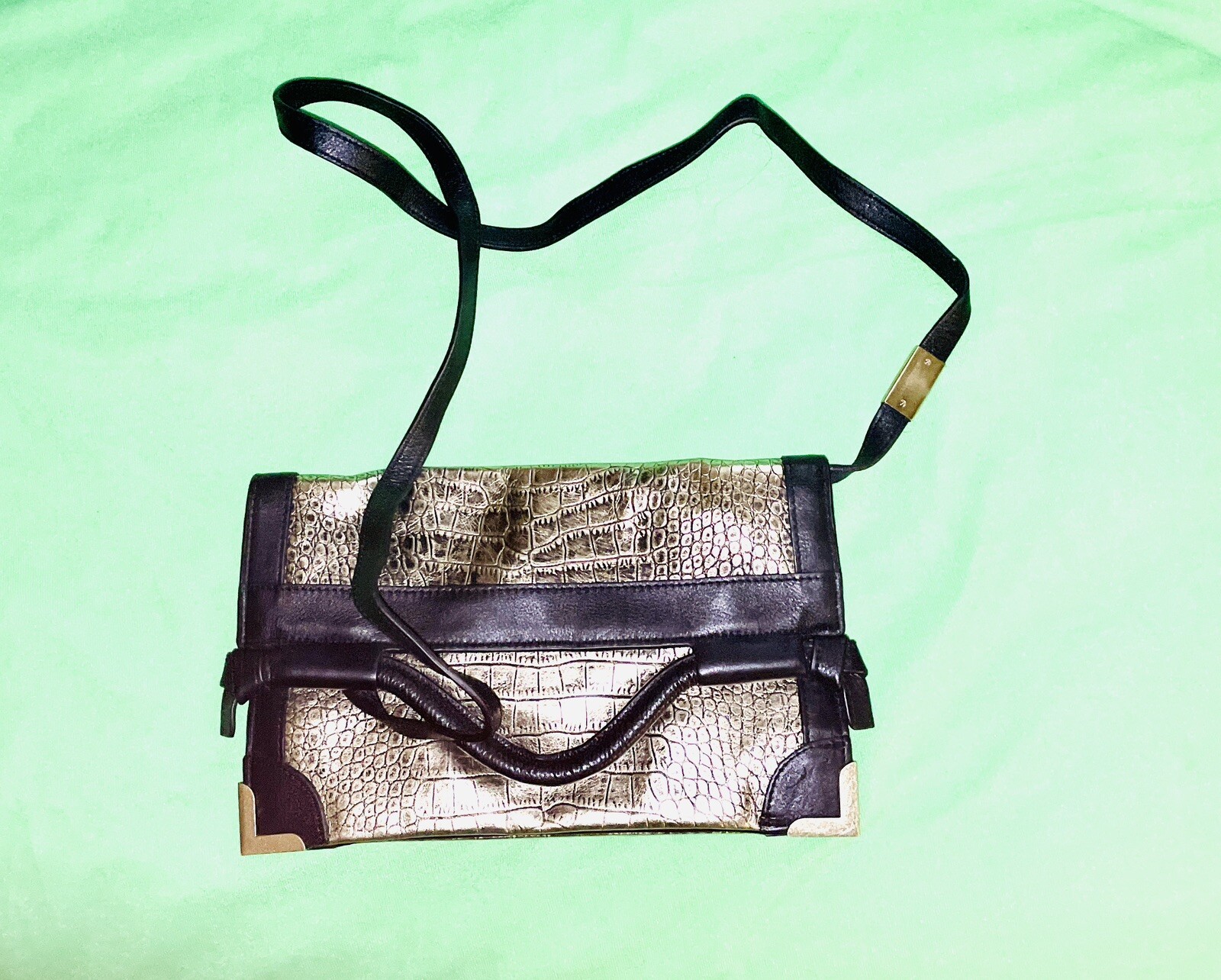 $295 FOLEY & CORINNA FRAMED FLAP GOLD CROCODILE EMBOSSED LEATHER CROSSBODY BAG
