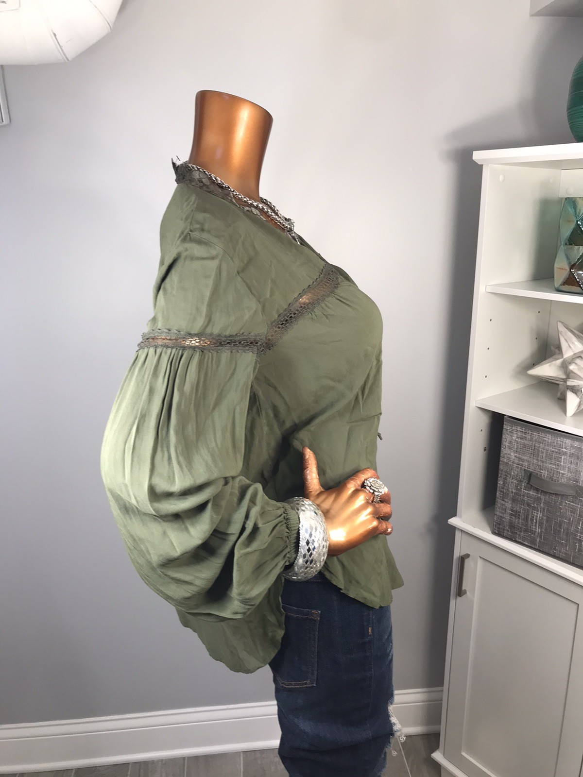 Express S Top Olive Green Lace Trims Low Cut Neck Tie Strings Blouse Soft LiteWt