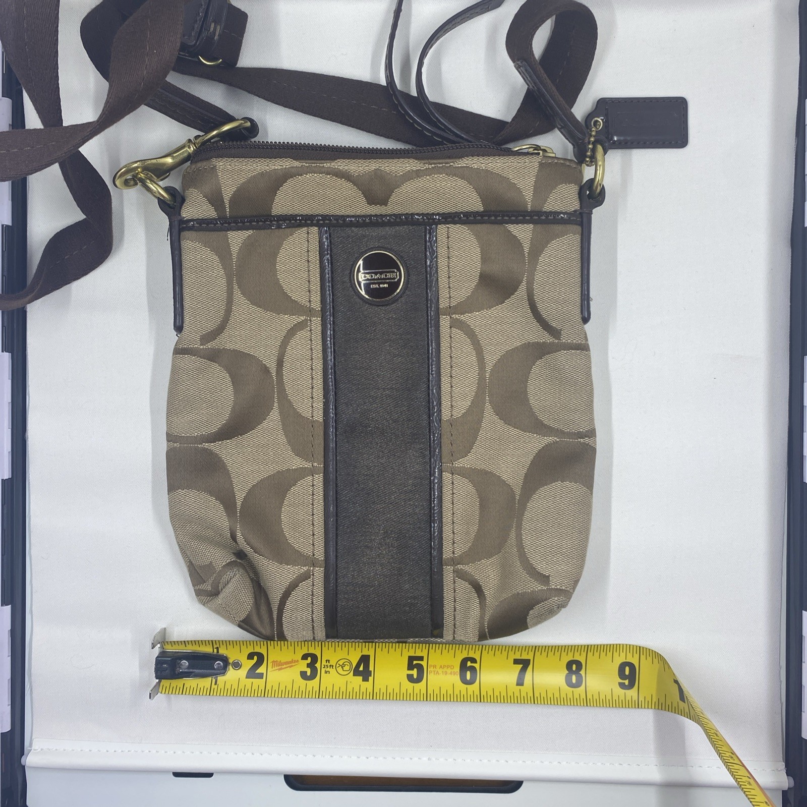 Coach Signature Stripe Shoulder Bag Crossbody Swingpack Brown
