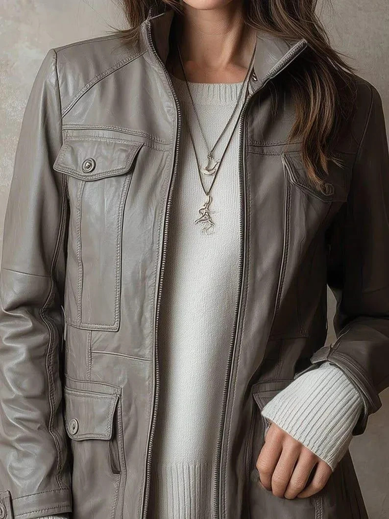 Womens Handmade Lambskin Leather Jacket: Taupe Gray Biker Style Leather Jacket