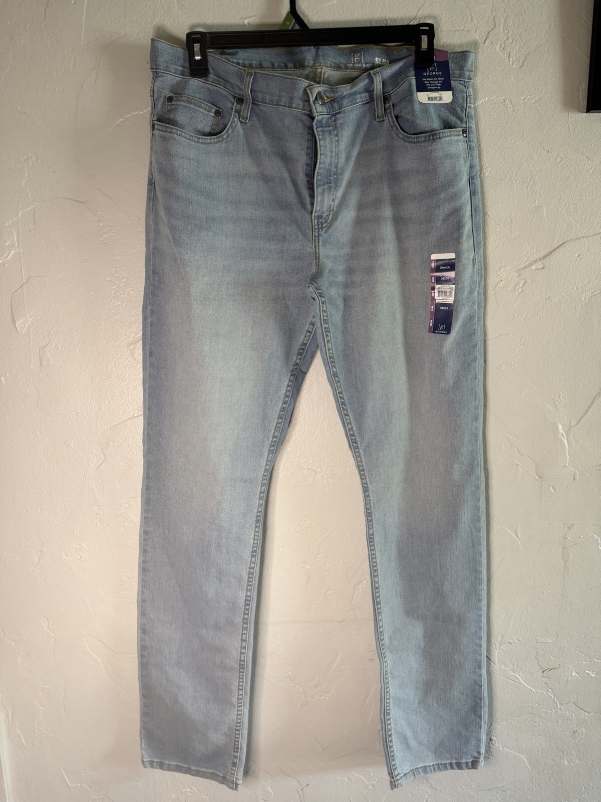 George Men’s Slim Fit Stretch Denim Jeans Light Wash Mid Rise 5-Pocket