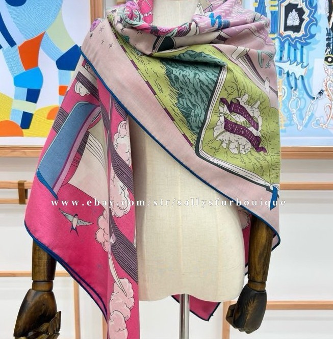 Sallys 70% Cashmere & 30% Silk Wrap Scarf Boat Print Double Face Shawl 53″ Pink