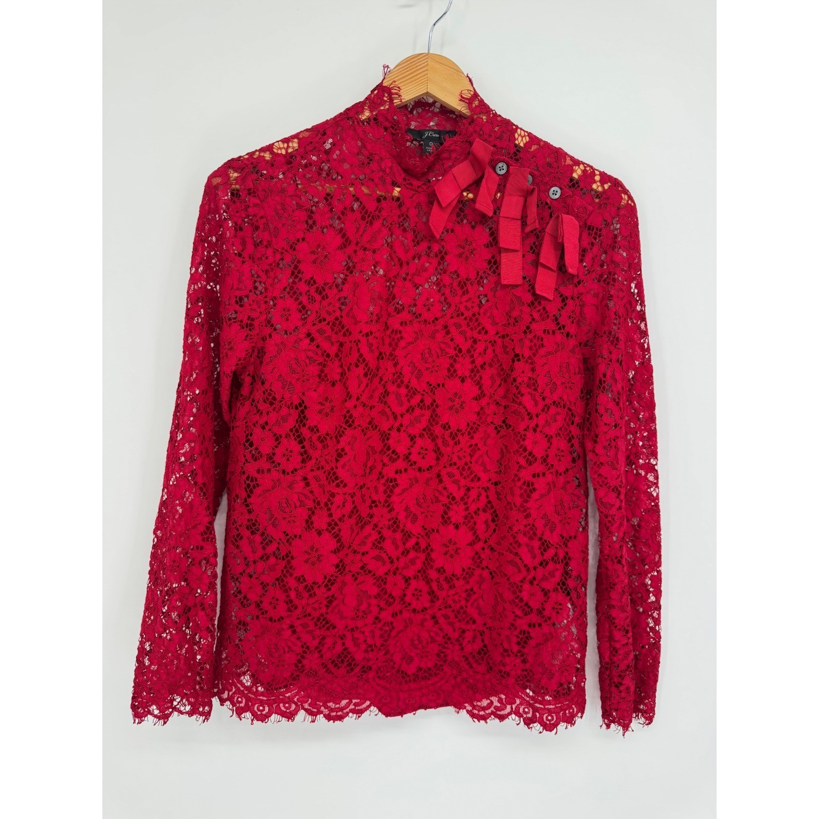 J.Crew Shirt Lace Bow Womens 0 Red High Neck Victorian Romantic Elegant Coquette