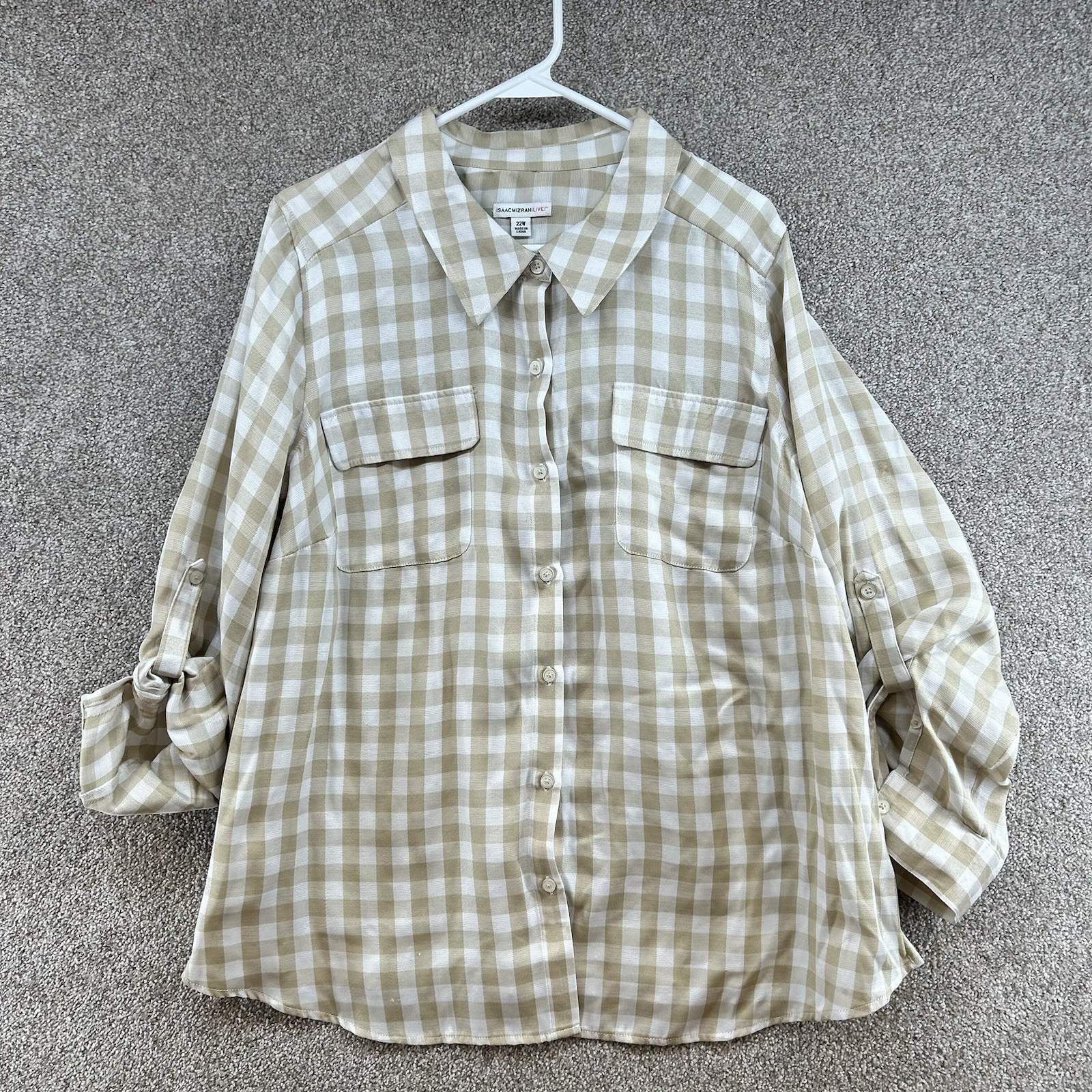Isaac Mizrahi Live Women’s Button Up Size 22W Beige White Plaid Long Sleeve