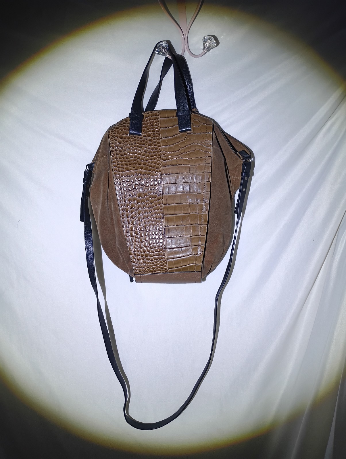 Vince Camuto bag with a suede body and a crocodile-embossed leather panel.