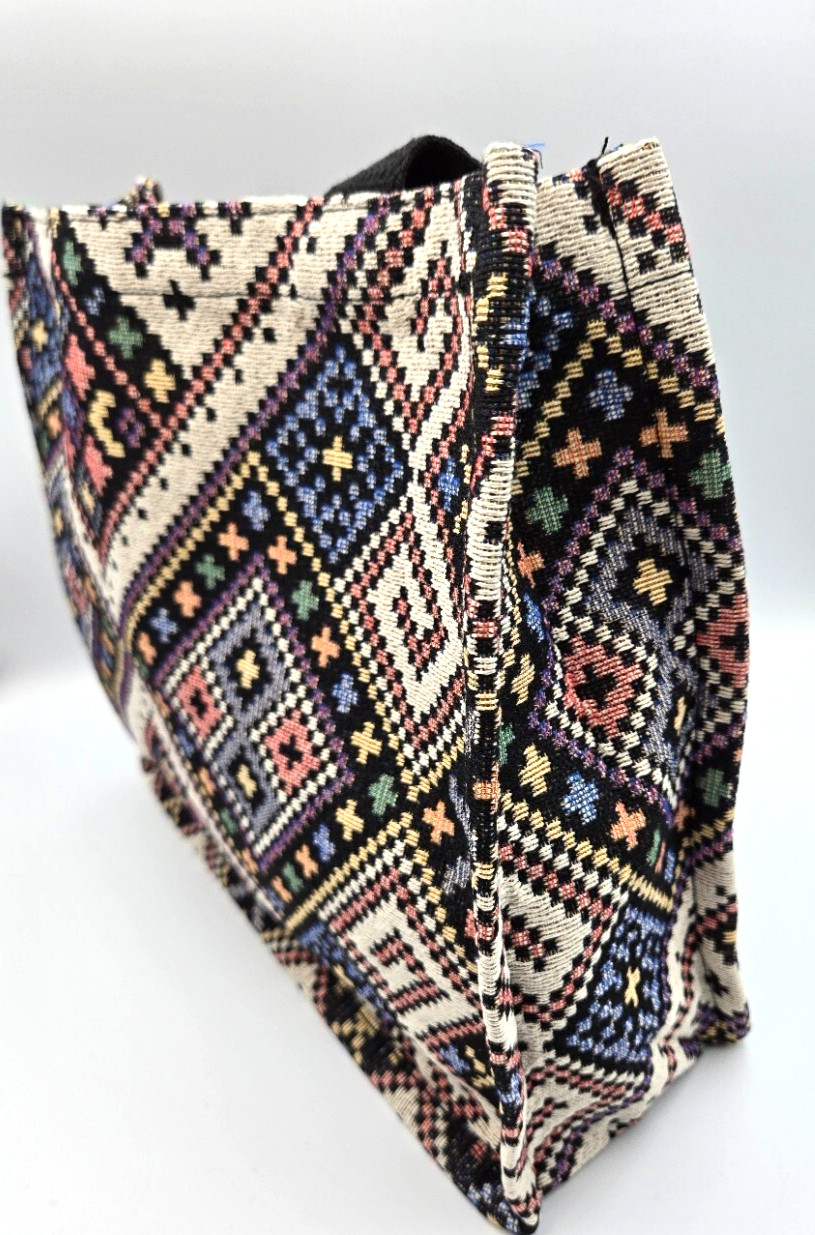 Southwestern Woven Geometric Print Tote Bag, Black Straps, 11.5″HX13″WX4.8″D