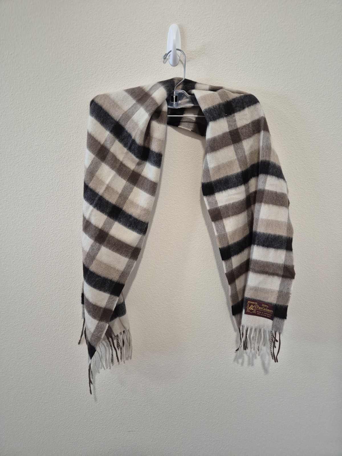 Vintage 100% Pure Cashmere Scarf Made In Germany Plaid Check Beige Brown Fringe