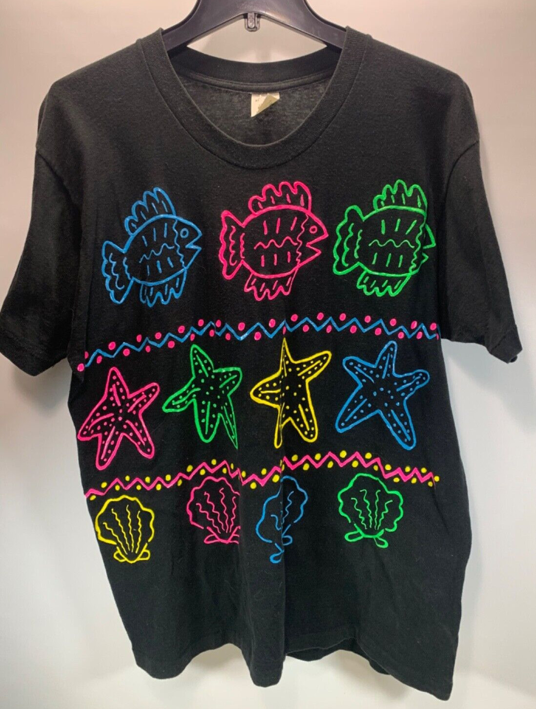 WOMENS XL T-SHIRT VINTAGE FISH/STARFISH/SHELLS BEACH THEMED HAND PAINTED ART