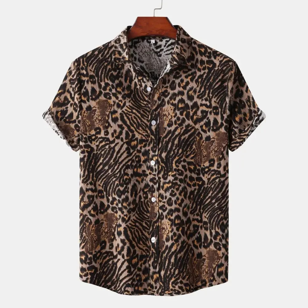 Men’s Leopard Print Oversized Short Sleeve Button-Up Shirt with Lapel