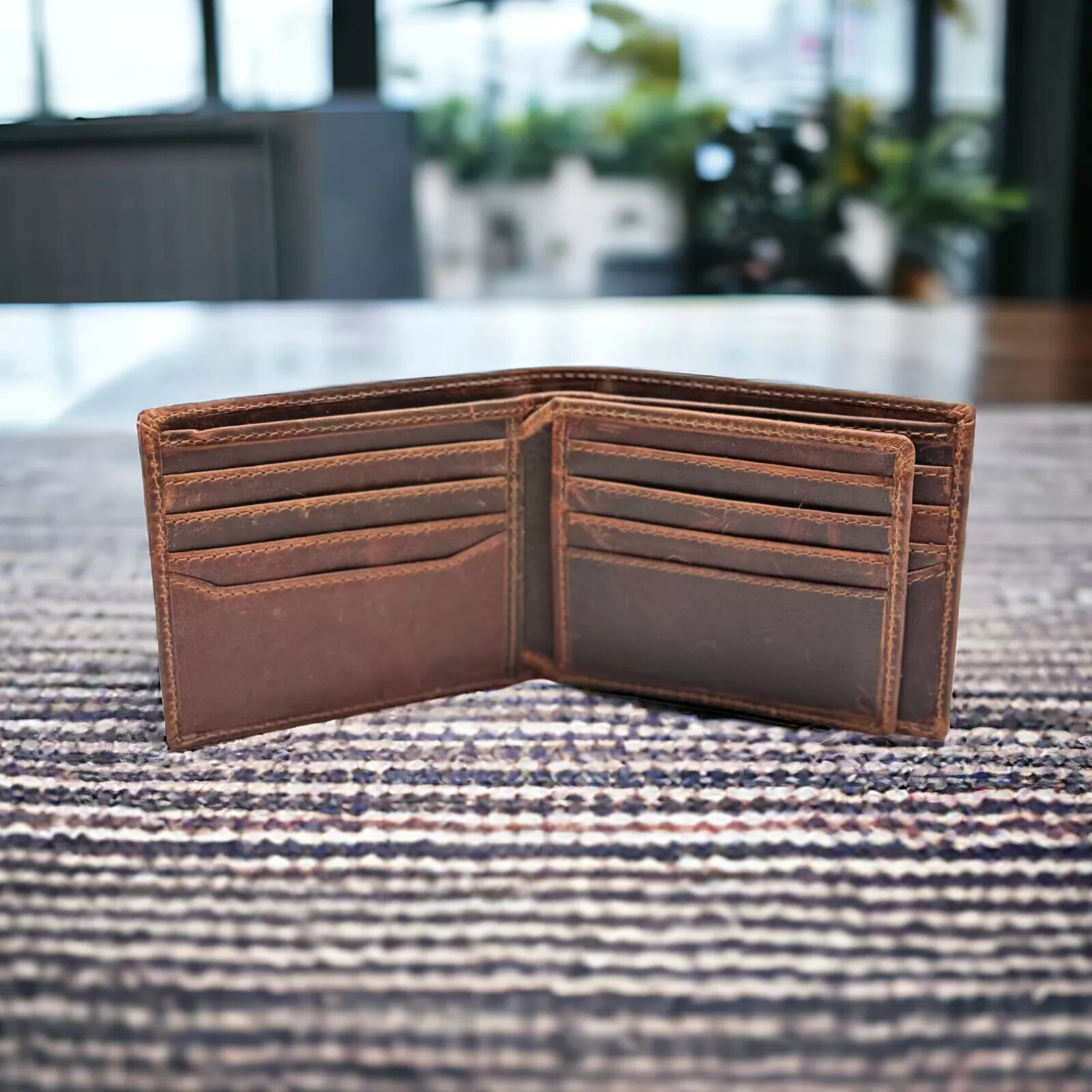 RFID Blocking Brown Vintage Leather Men’s Bifold Center Flap Wallet