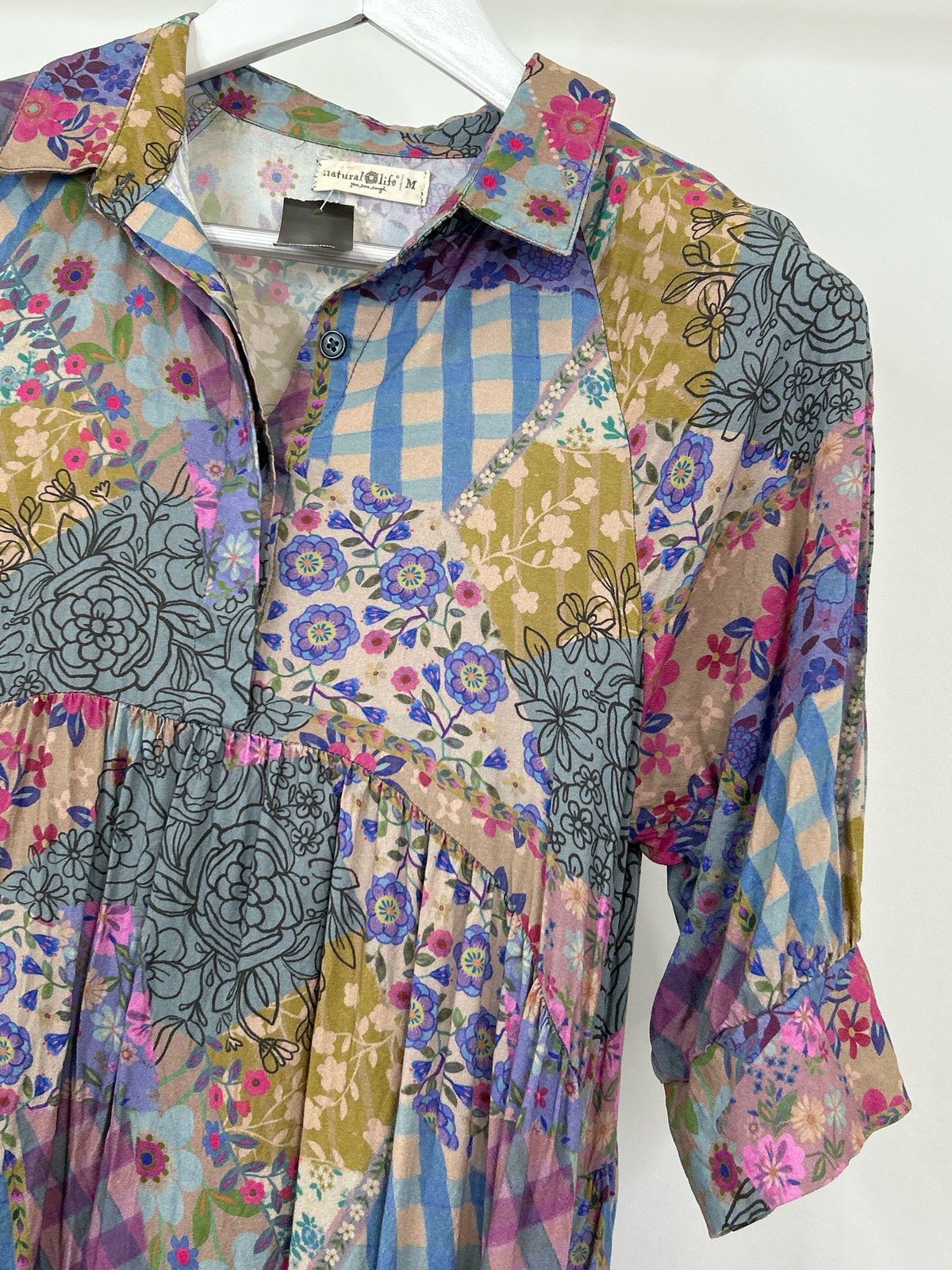 NATURAL LIFE Size M PURPLE AND BLUE Patchwork Women Becca Shirt Peplum Dress