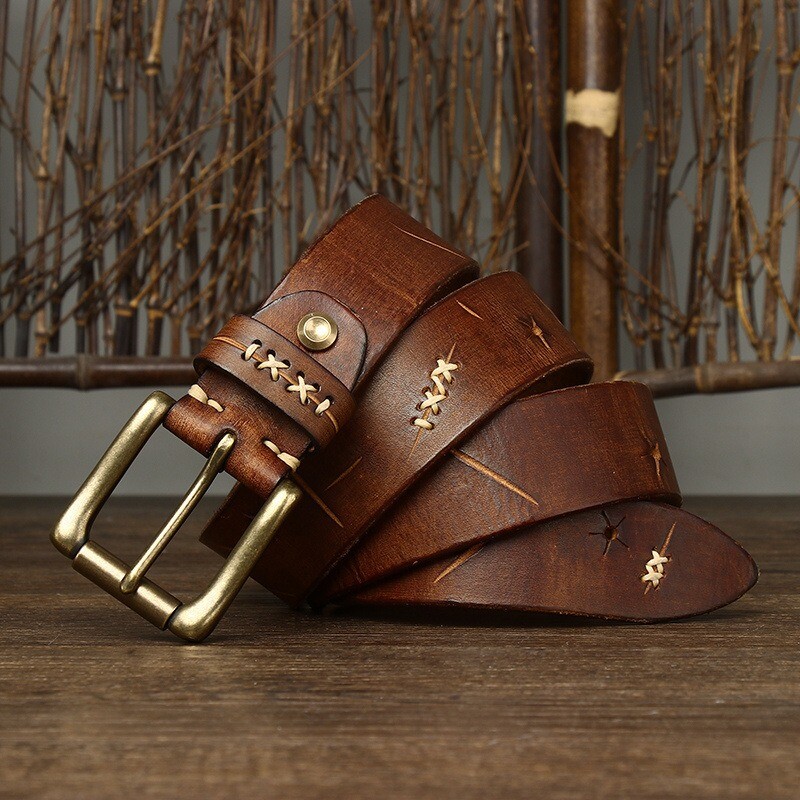 3.8CM Men High Quality Genuine Leather Belt Pin Buckle Cowskin Vintage Strap