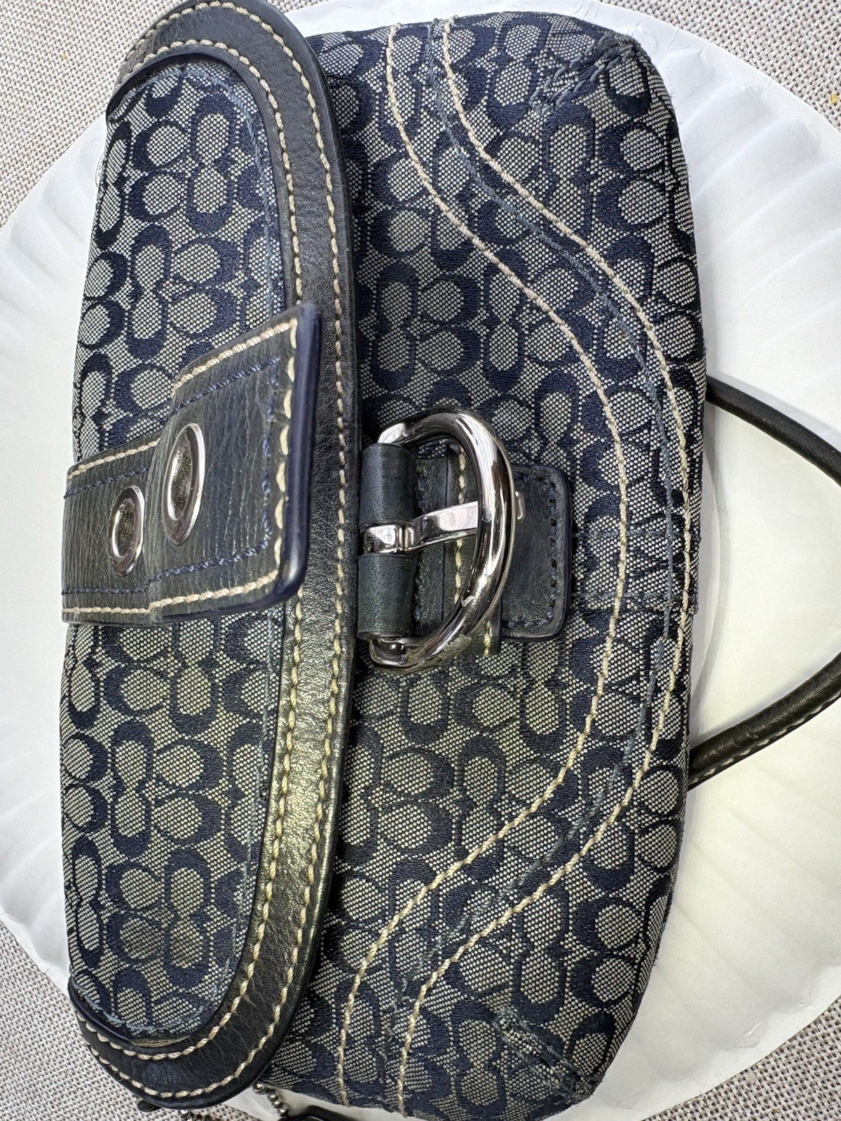 Vintage Coach Soho Signature C Buckle Wristlet Blue Jacquard Canvas Leather Trim