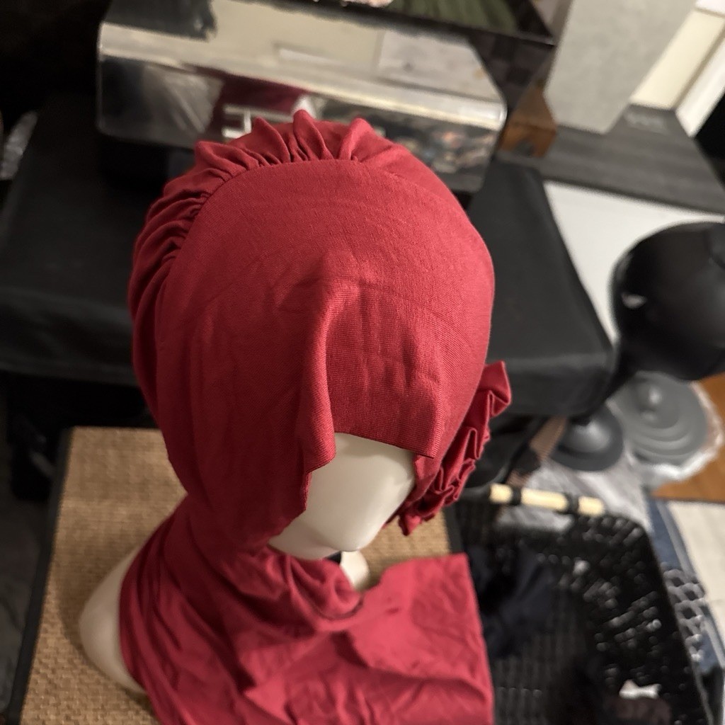 Women’s Red Solid Jersey Polyester Hijab Headscarf Wrap with Ruffle Accent