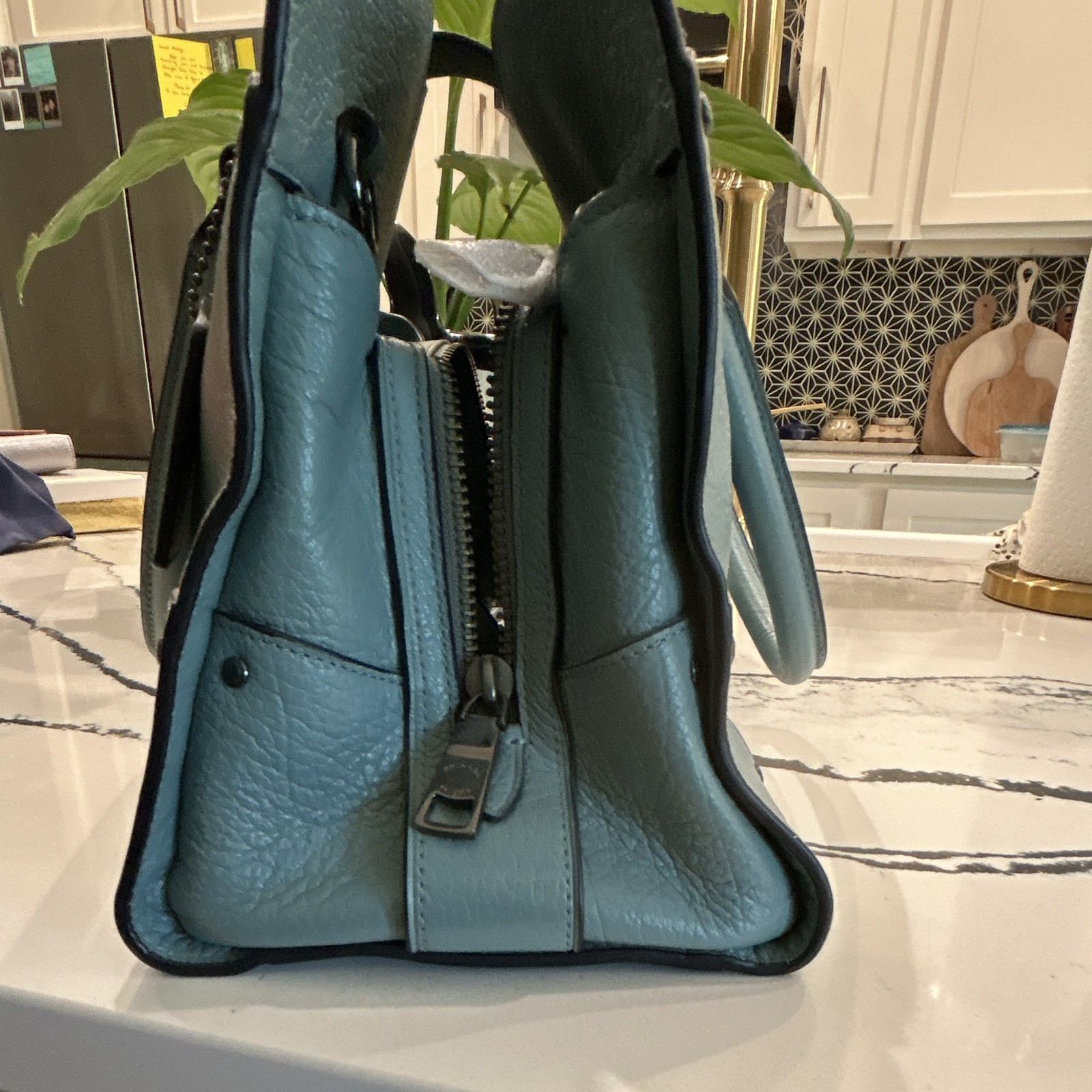 Coach Blue Pebbled Zip Satchel Top Handle Detachable Strap Hang Tag Gunmetal