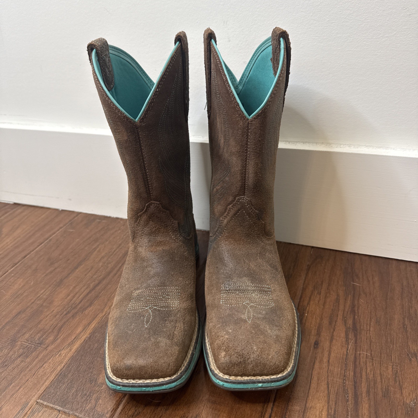 Ariat Suede Leather Square Toe Cowboy Boots Anthem Turquoise Mid Calf Womens 6.5