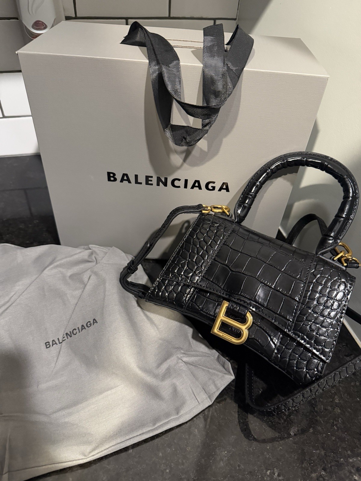 Balenciaga Black Croc Embossed Top Handle Bag w/ Gold B Logo & Strap