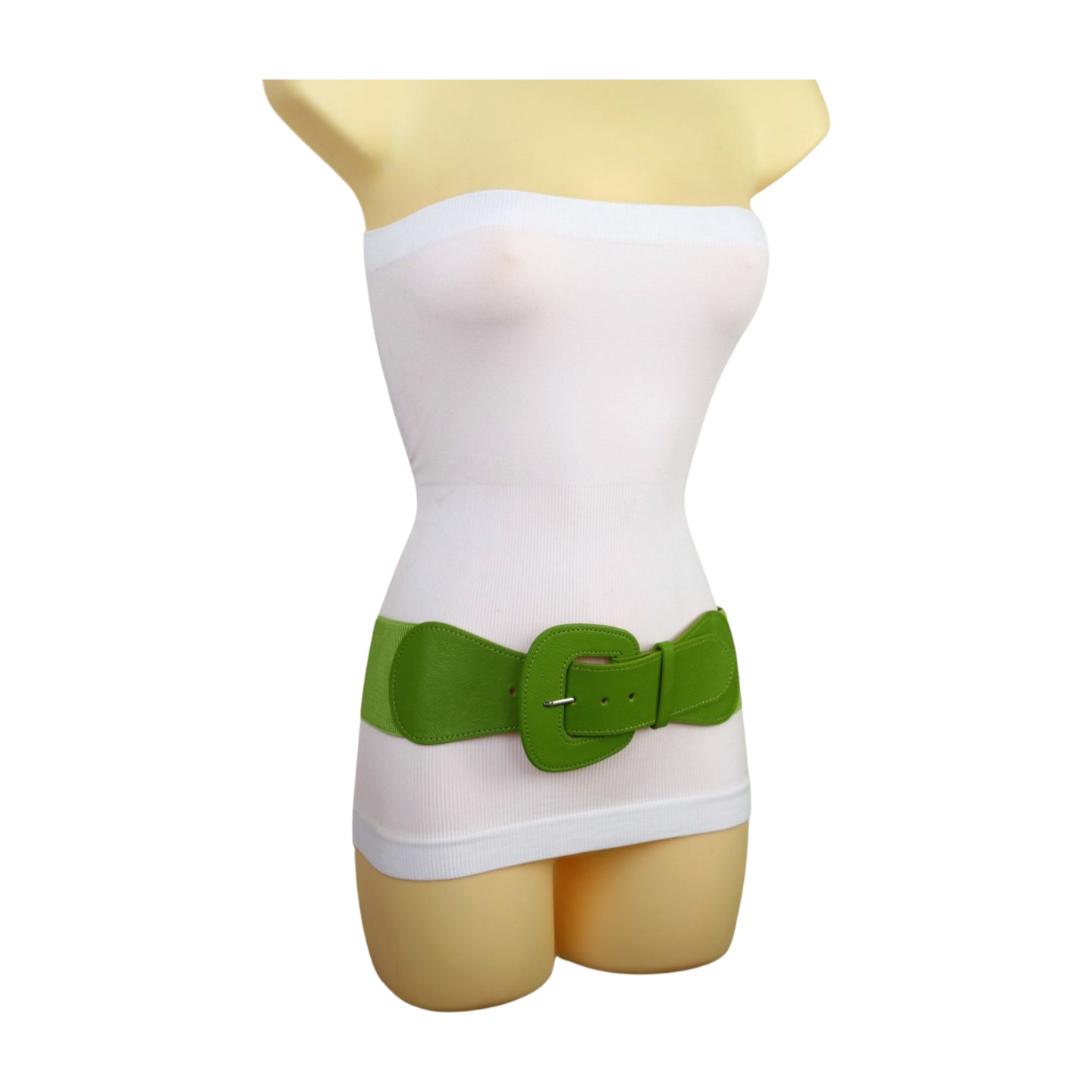 Women Olive Green Elastic Waistband Wide Popular Fun Fashion Belt Big Buckle S M