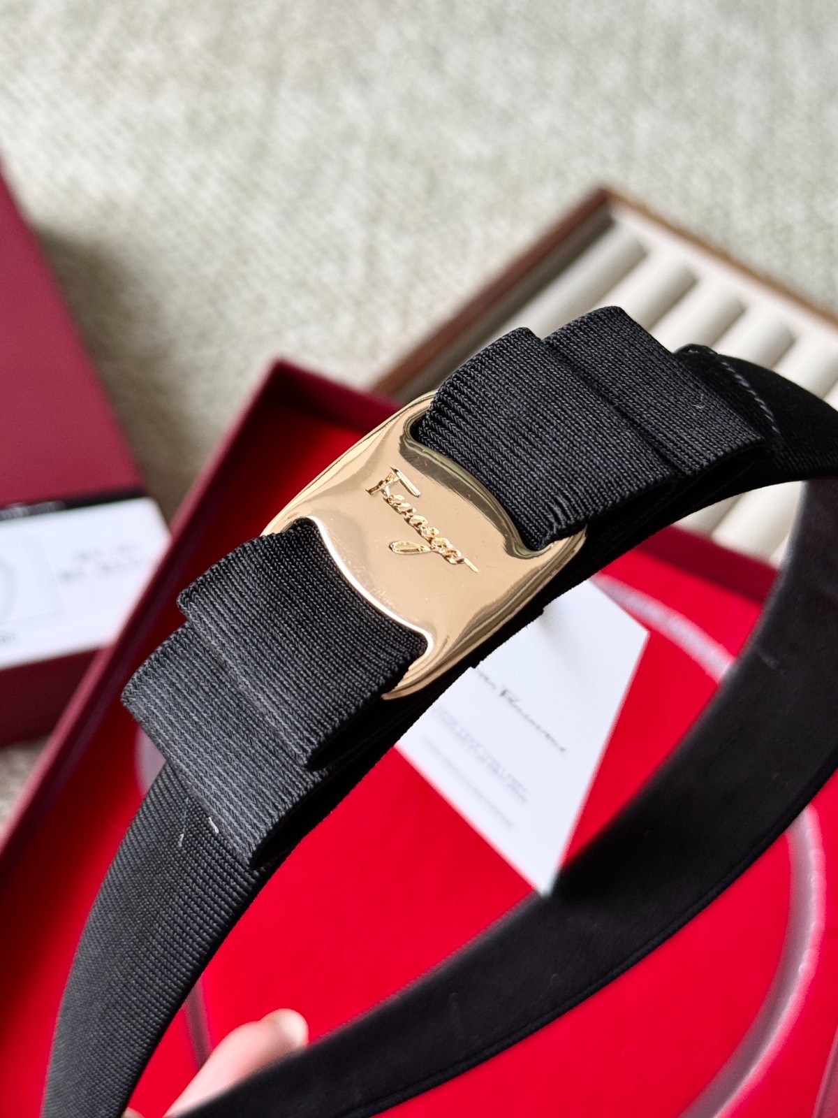 Salvatore Ferragamo Vara Bow Headband Black Grosgrain Gold Hardware Authentic