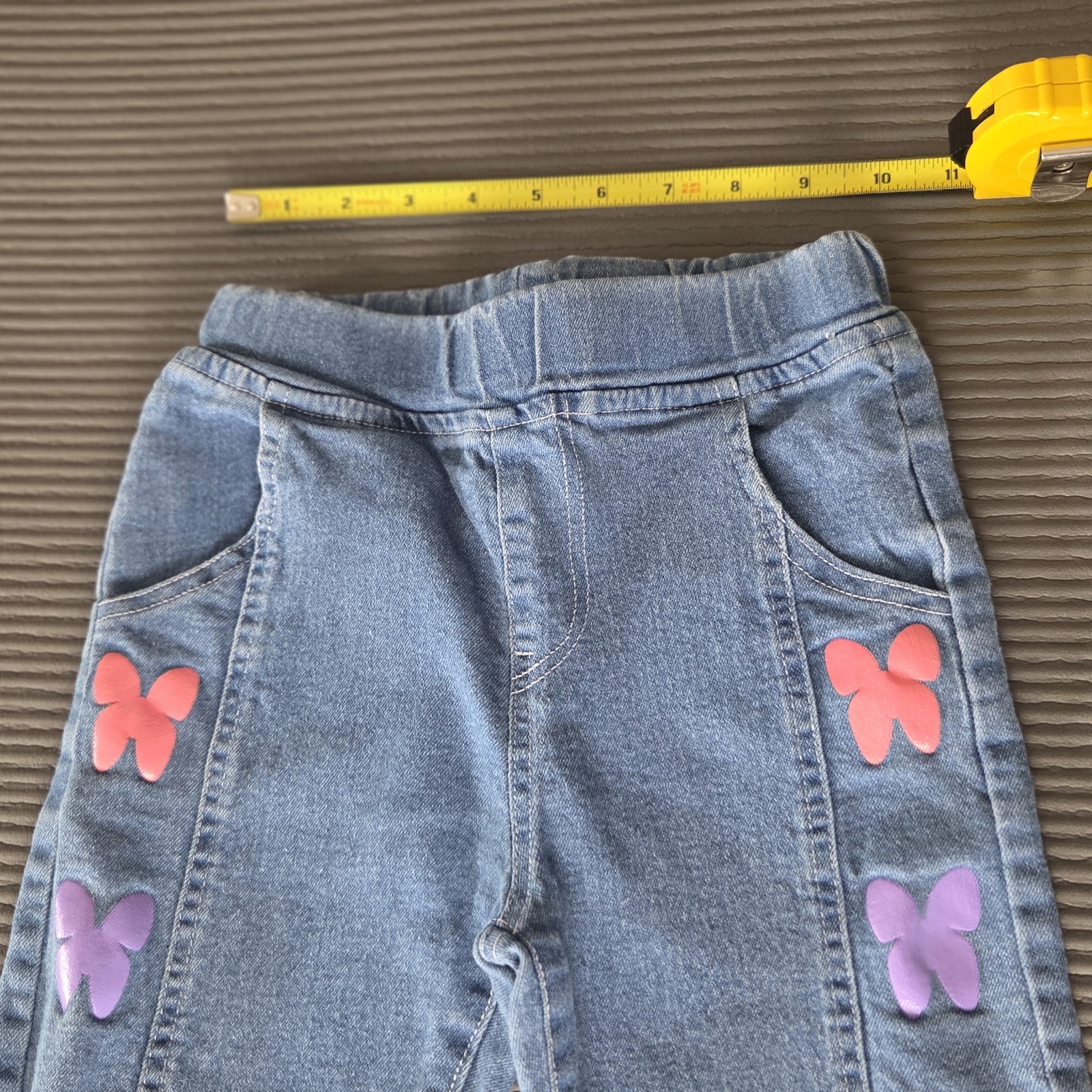 Girls Blue Denim Pull-On Straight Jeans, Butterfly Print, Elastic Waist 5-6Y Xsm