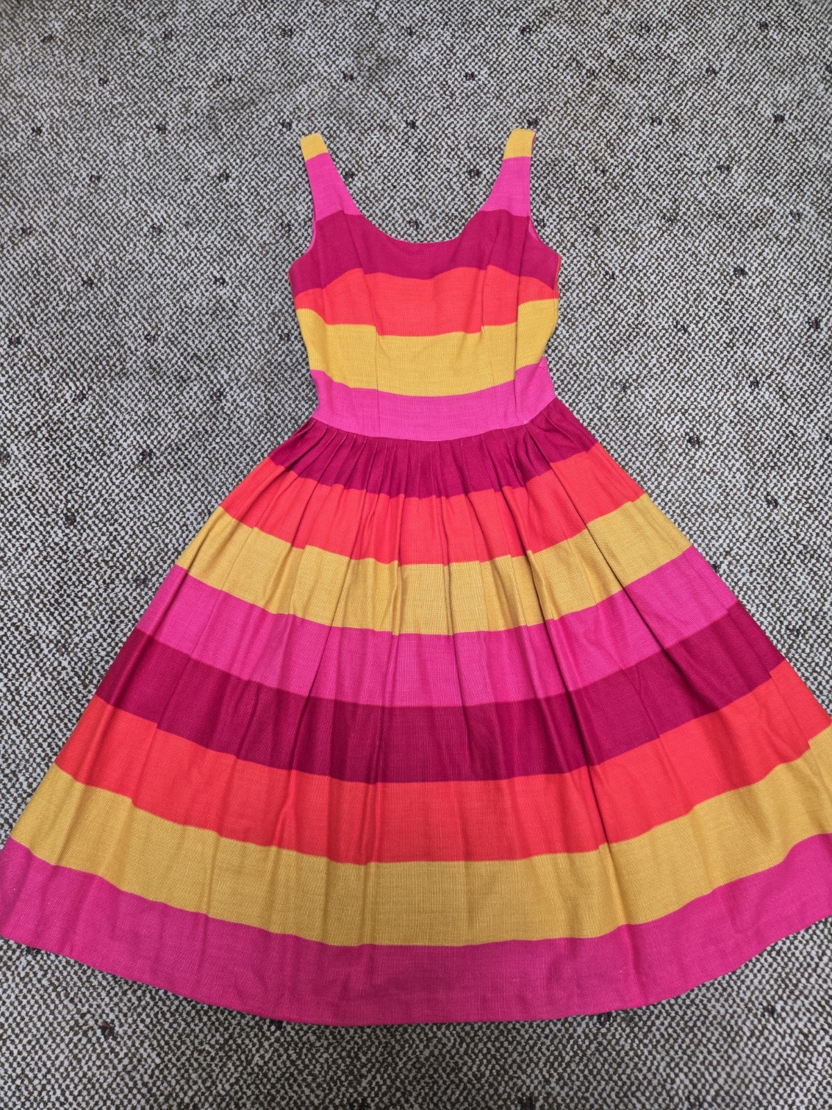 RARE Vtg Parade New York Orange Fuschia Yellow Striped Fit Flare Dress 50s sz XS