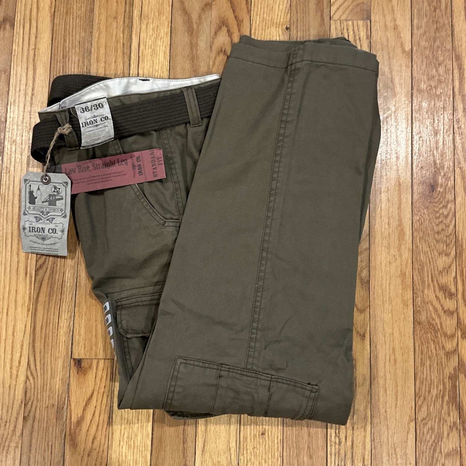 Iron Co Men’s Cargo Pants W/Belt Straight Leg Standard Fit 36×30 Olive Green NWT