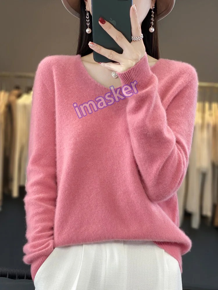Women’s V-neck Pullover Sweater Knitwear Soft Warm Cashmere Loose Grace Style