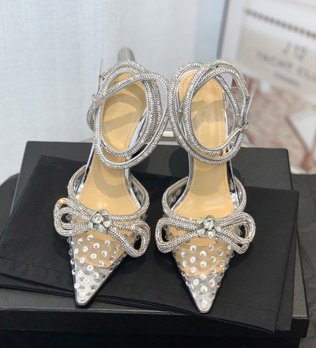 Women Rhinestone Ankle Strappy Pumps Bowknot Pointed Toe Stilettos Glitter Shoes