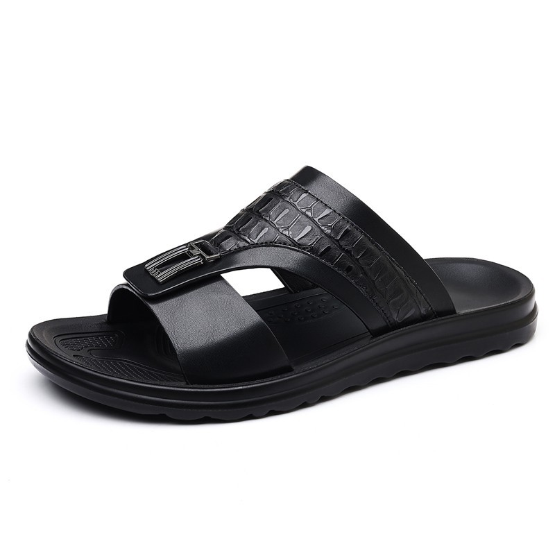 Men’s Croc-Embossed Slide Sandals, PU Leather, Comfort Non-Slip Rubber Sole