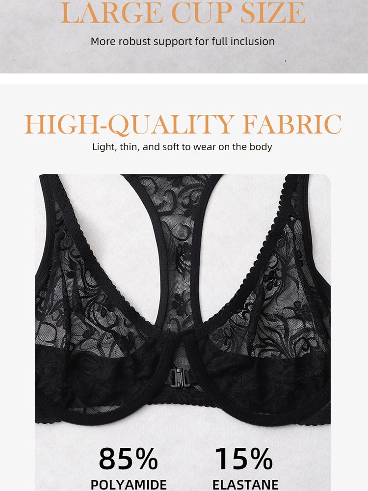 Ultra-thin Bra Front-fastened Lace Racer Back Underwire Brassiere Sissy Lingerie