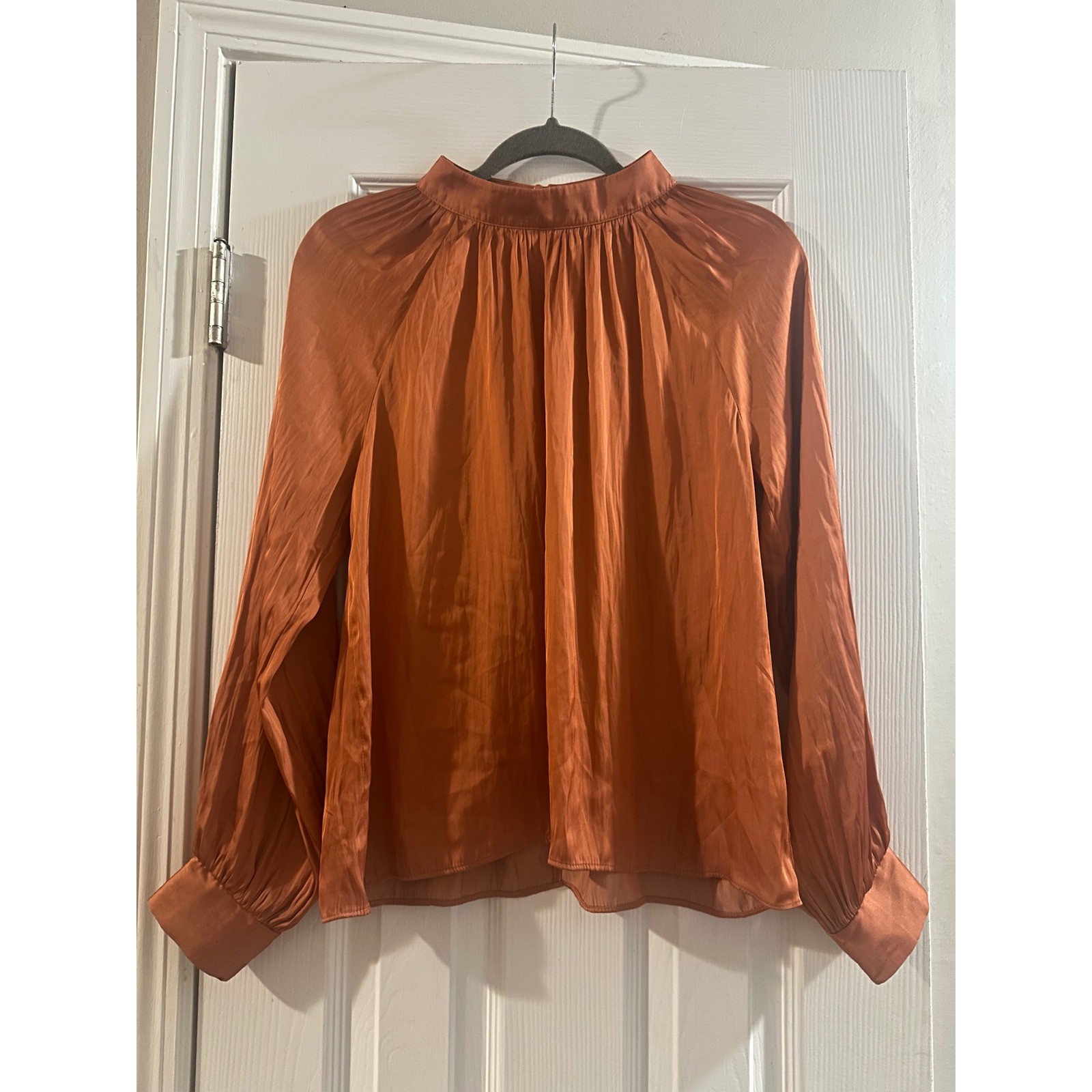 Lush Clay Orange Satin Mock Neck Blouse Long Sleeve Pleated Top Medium Fall