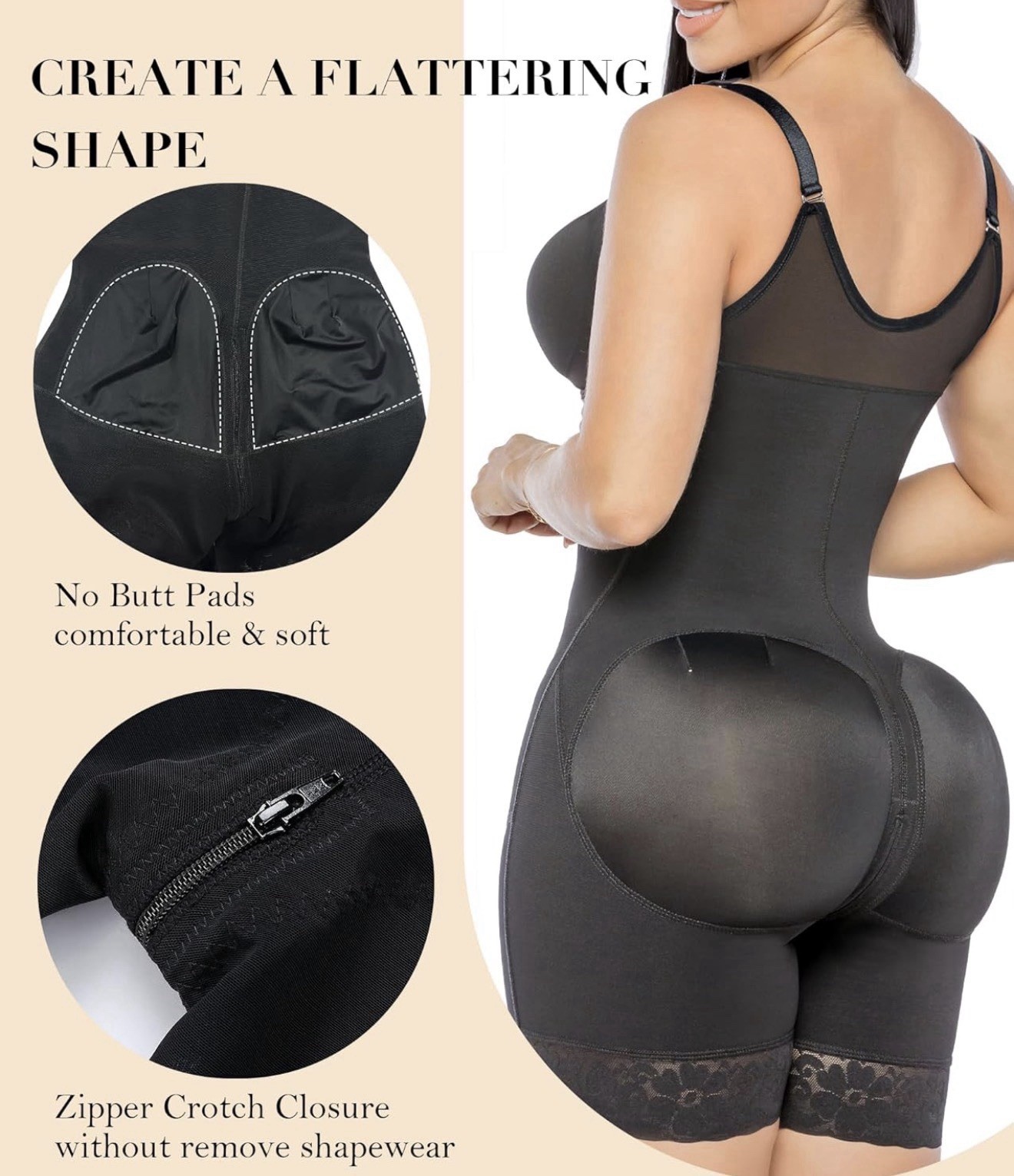 Women’s Black Mesh Tummy Control Shapewear Bodysuit w/ Zipper, Straps