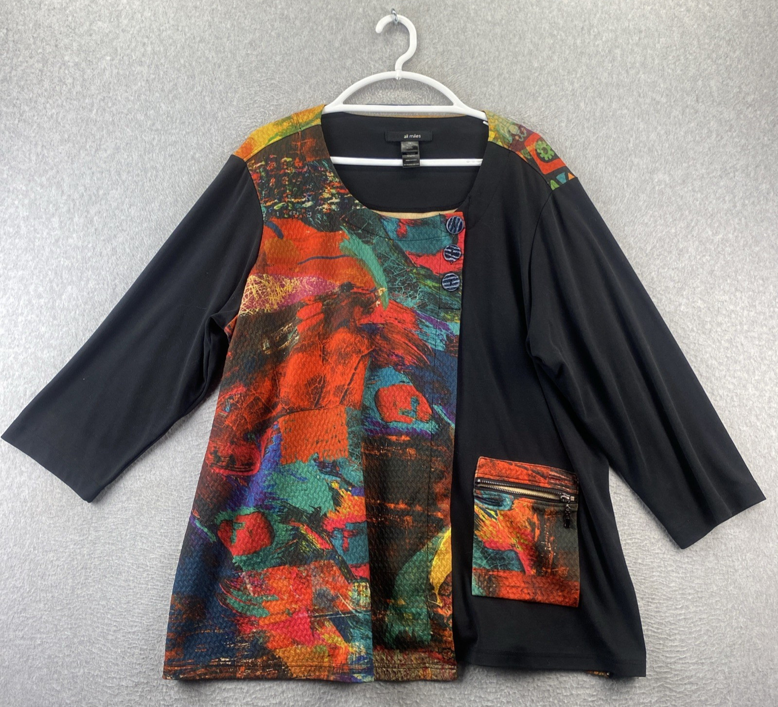 Ali Miles Womens 2X Black Abstract Art Zip Pocket Tunic Top Plus Size
