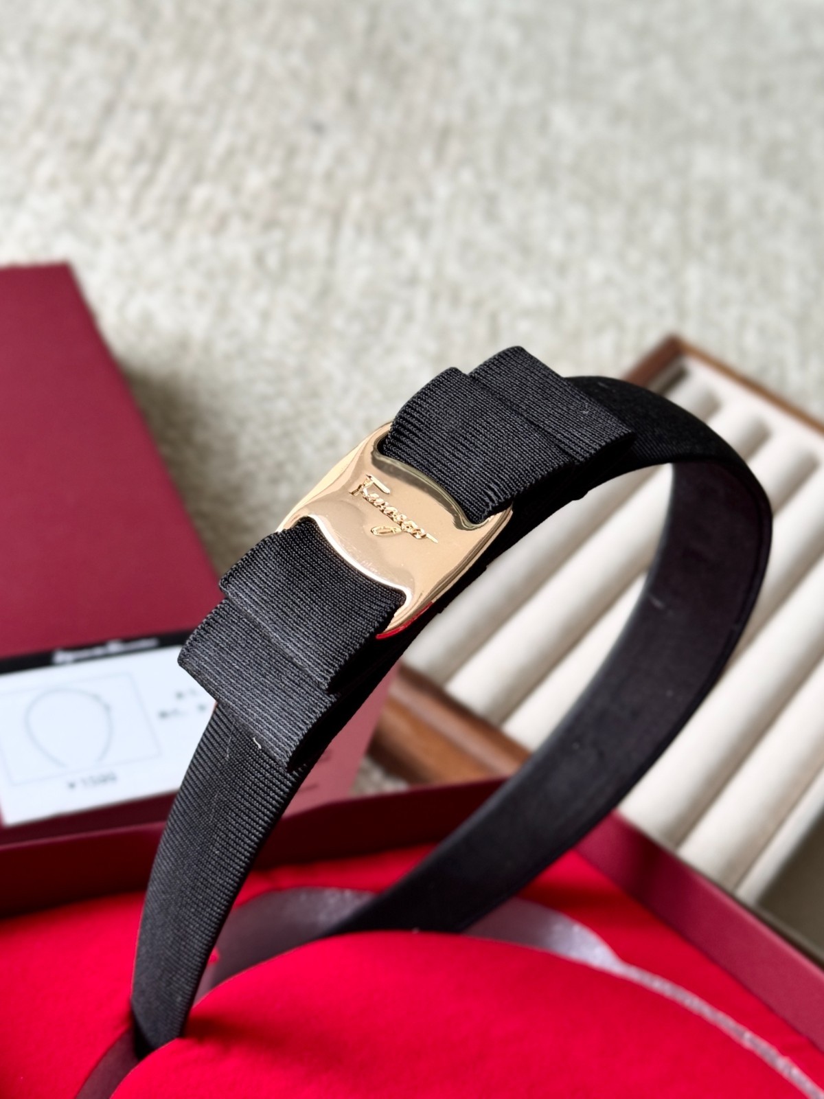 Salvatore Ferragamo Vara Bow Headband Black Grosgrain Gold Hardware Authentic