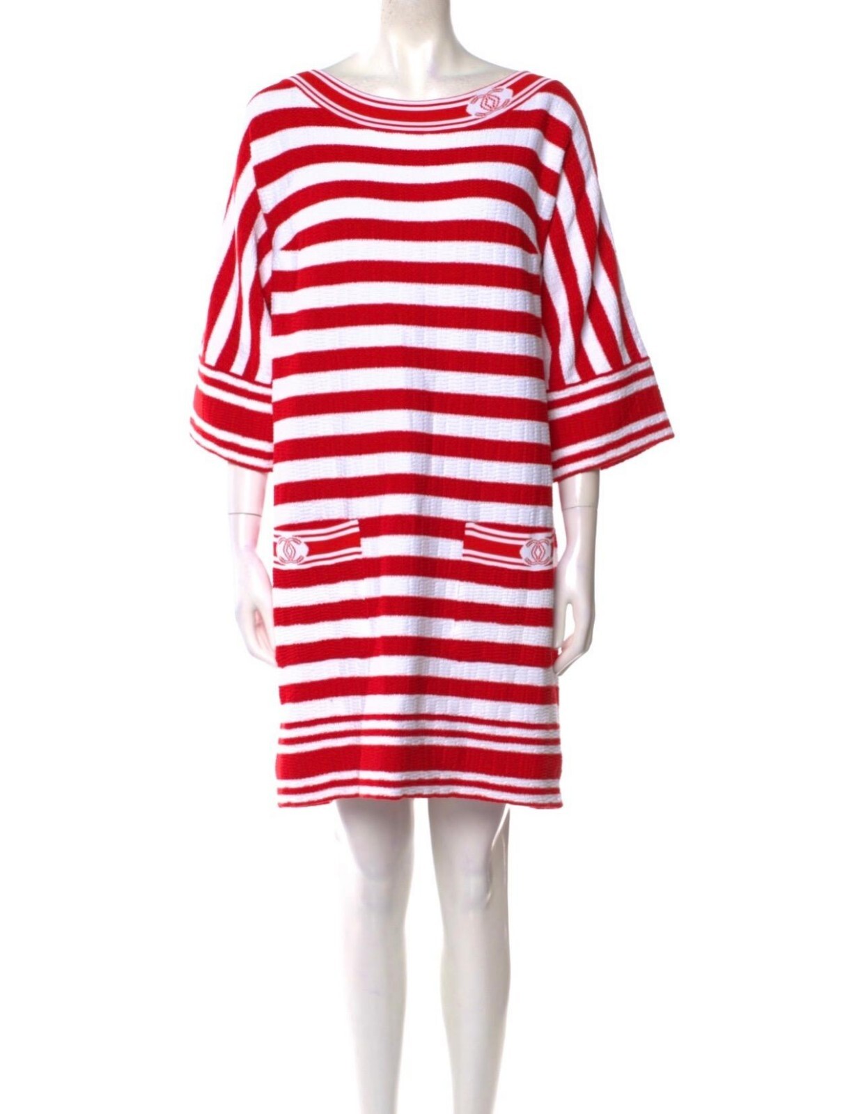 4.8K New Chanel 2019 White Red Stripe Dress 40 42 44 8 10 12 Logo Jacket S M L