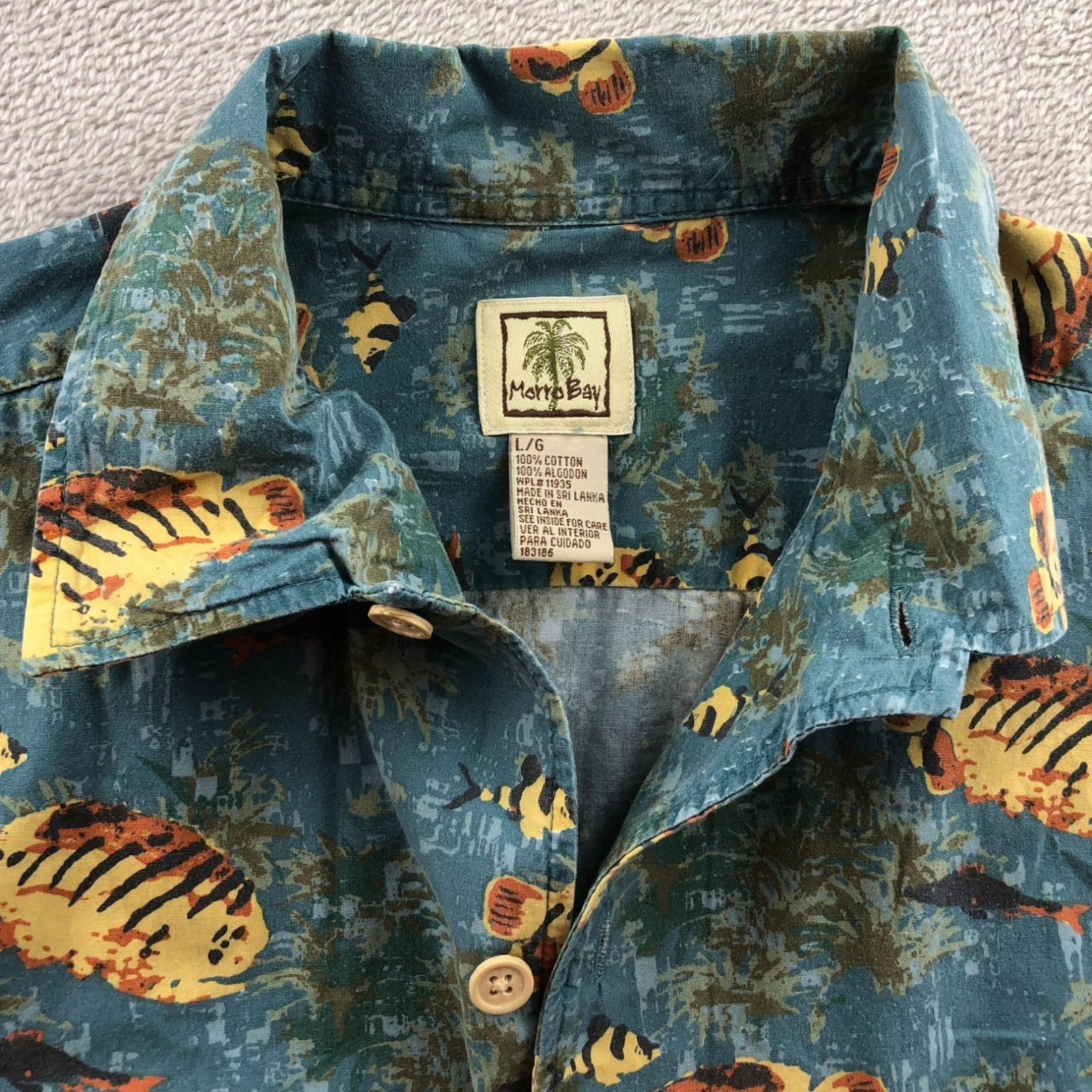 Morro Bay Mens Hawaiian Shirt Large Short Sleeve Beach Fish Print 100% Cotton