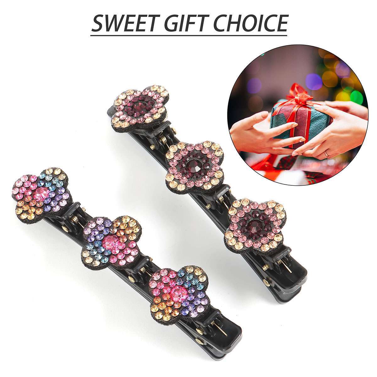 4PCS Sparkling Crystal Stone Double Bangs Satin Fabric Braided Hair Clips Bands