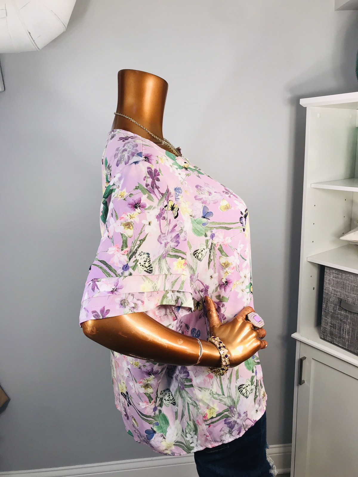 Cynthia Rowley 1X Plus Top Floral Prints Short Sleeves Summer Blouse Low V Cut