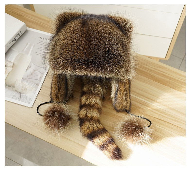 1pcs Adult Real Raccoon Fur Hat Trapper Hat Russian Hat Ushanka Ski Hunter Hat