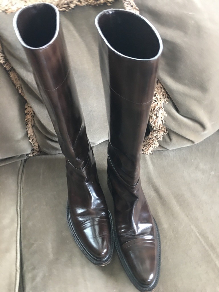 Prada High Polish Leather Riding Boots Dark Brown Size 39 Womens Ladies