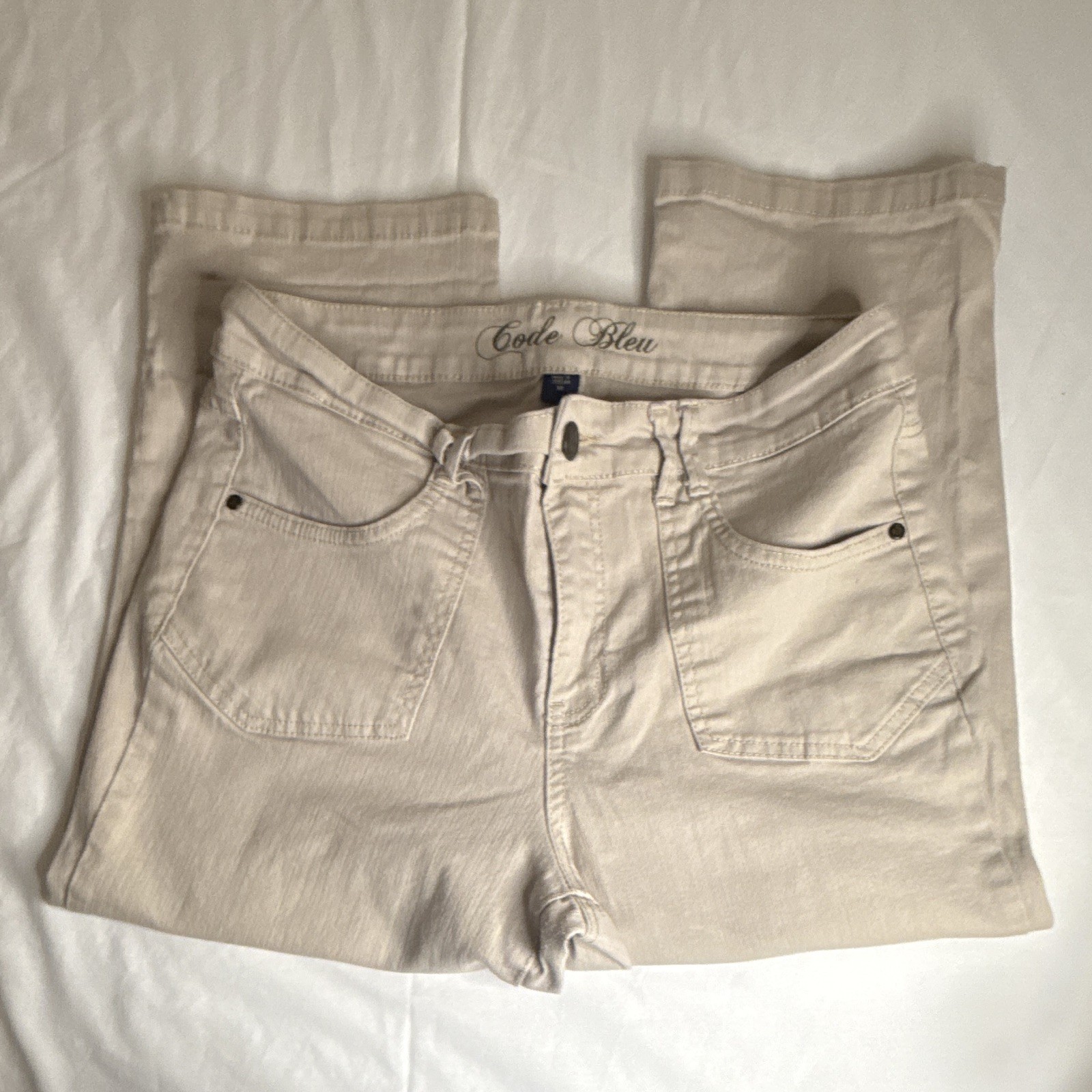 Code Bleu Women’s Beige Solid Capri Pants Cotton Spandex Stretch Size 10
