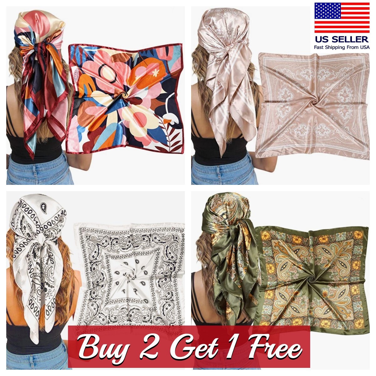 Large Silk Feel Satin Scarf Head Square Wrap Neck Neckerchief Shawl Hair Scarf