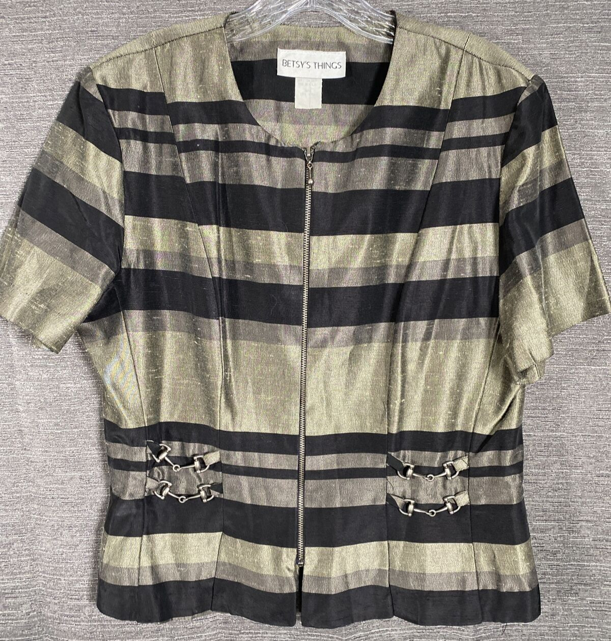 Betsys Things Top Womens 12 Black Gray Zip Fitted Career Striped Embellished